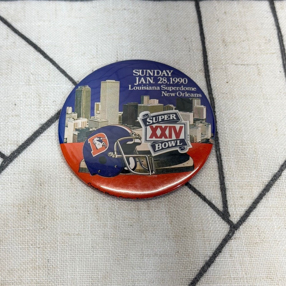 NFL Super Bowl XXIV Pin 3" Blue Denver Broncos 1990 New Orleans Vintage Button